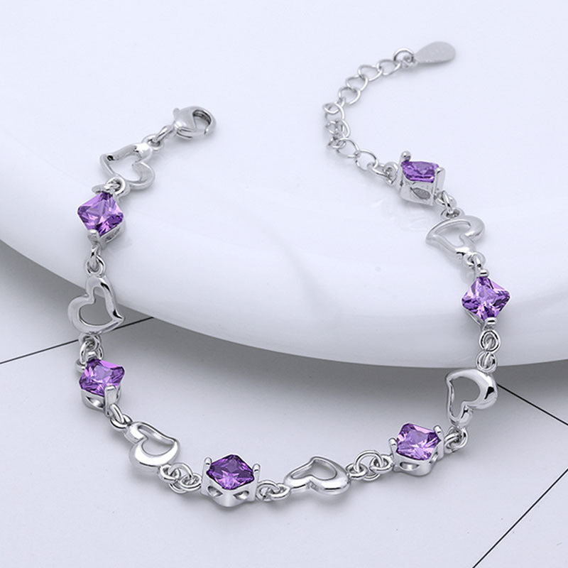 Heart Shape Copper Bracelets With February Birthstone Amethyst Inlay, Purple, Perfect For Couple Birthday Gifts