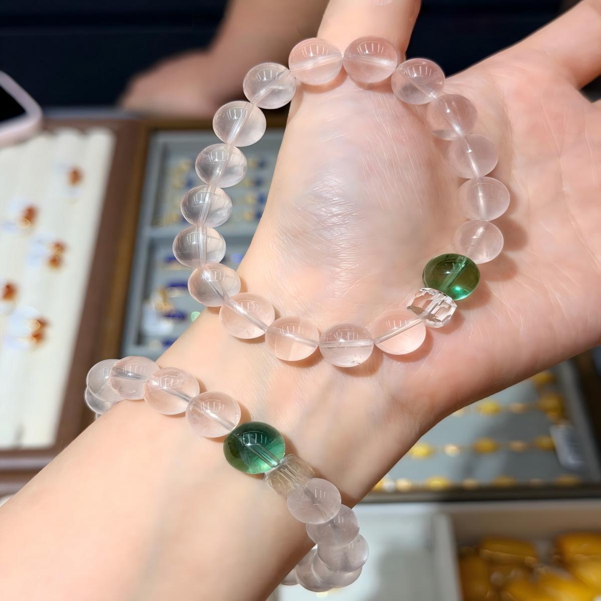Luxurious Round Beaded Crystal Bracelet For Women In Natural Pink Featuring Crystal Inlay