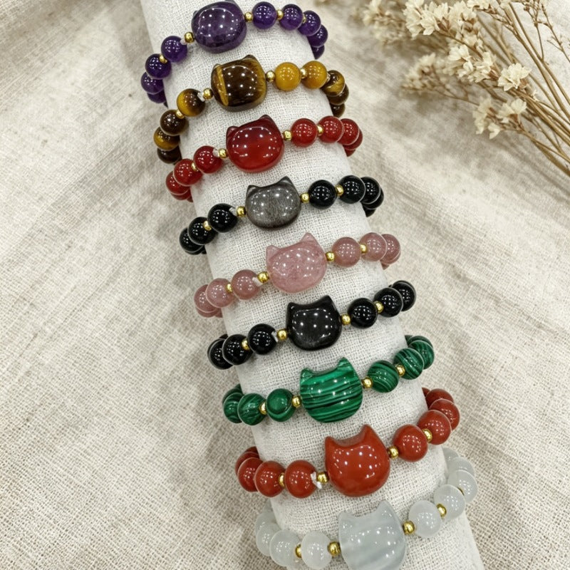 Cute Cat Pattern Natural Stone Bracelets For Women, Polished Finish, Perfect For Valentine's Day