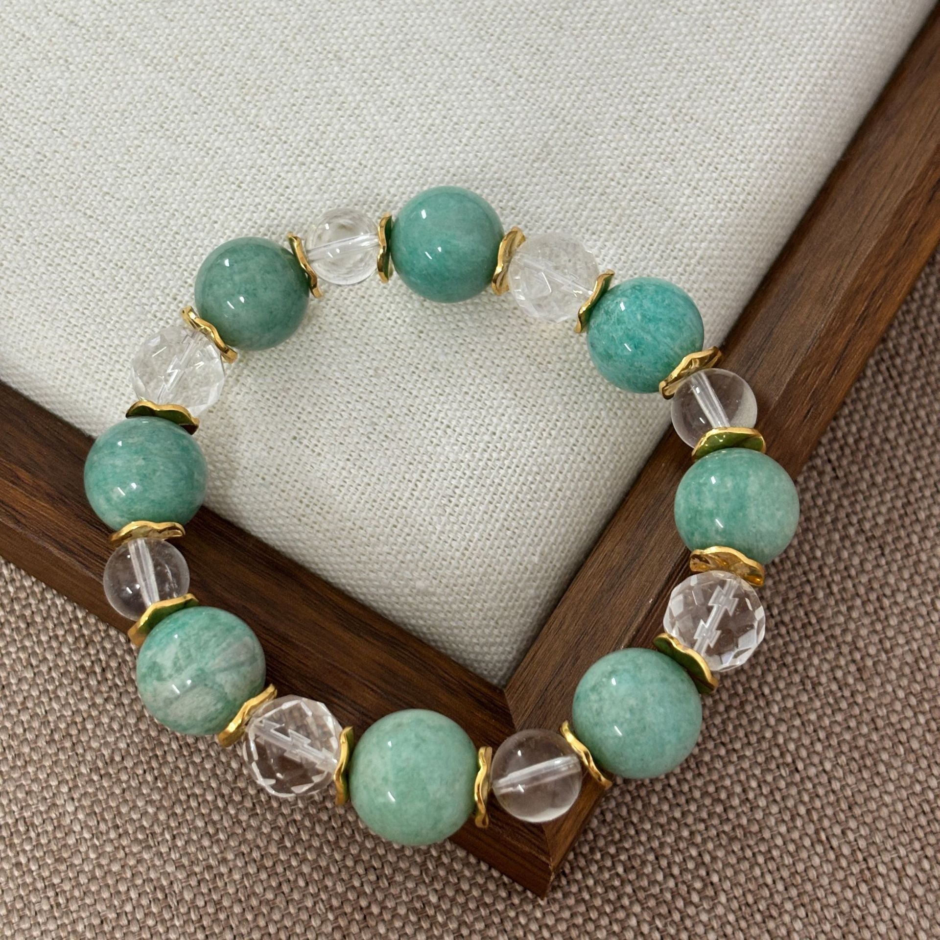 Handmade Color Block Bracelet For Women Featuring White Crystal Inlay In Light Green Crystal