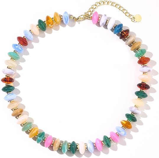 Beaded Resin Necklace For Women Featuring Colour Printing With Beaded Chain