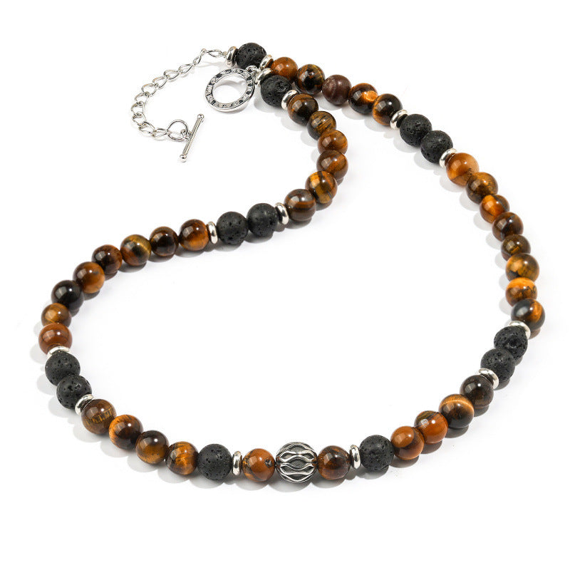 Men's Beaded Necklace With Alloy Pendant Featuring Tiger Eye Stone Inlay