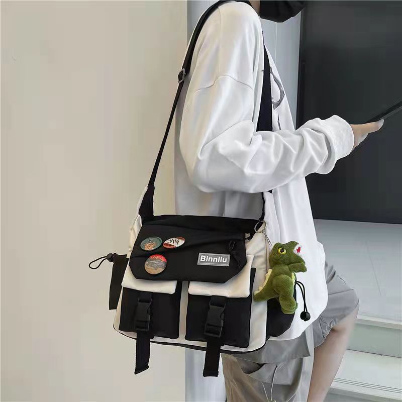 Men's Cylindrical Oxford Cloth Messenger Bag With Sewing Thread Pattern And Single Shoulder Strap