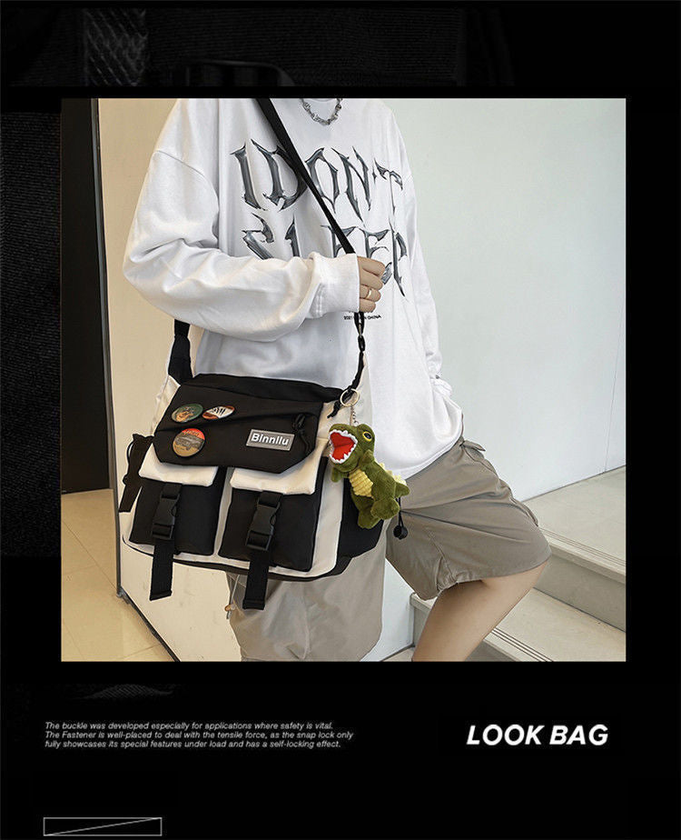 Men's Cylindrical Oxford Cloth Messenger Bag With Sewing Thread Pattern And Single Shoulder Strap