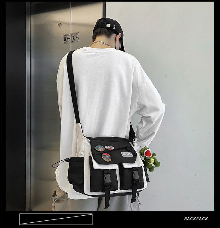 Men's Cylindrical Oxford Cloth Messenger Bag With Sewing Thread Pattern And Single Shoulder Strap