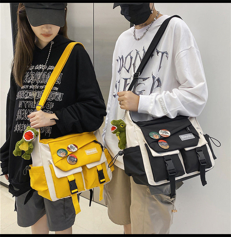 Men's Cylindrical Oxford Cloth Messenger Bag With Sewing Thread Pattern And Single Shoulder Strap