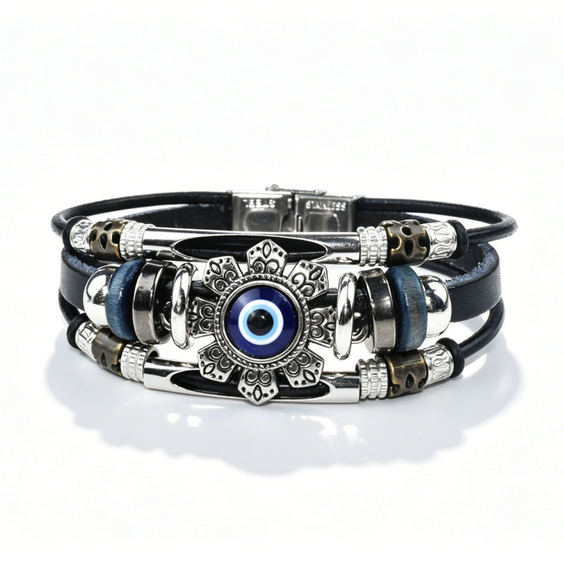 Devil's Eye Braid Bracelet In Blue With Zinc Alloy Pendant, Mixed Materials, Unisex Maillard Style