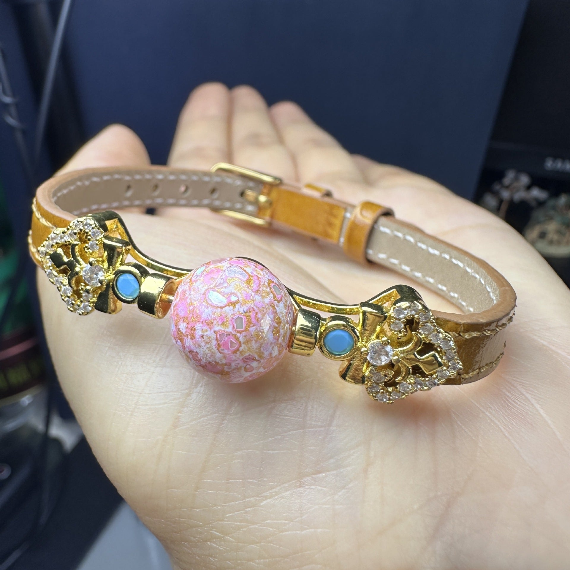 Asymmetrical Flowers Copper Bracelet With Zircon Inlay, Electroplated Gold Plating, Featuring Leather Rope Chain, Unisex Design