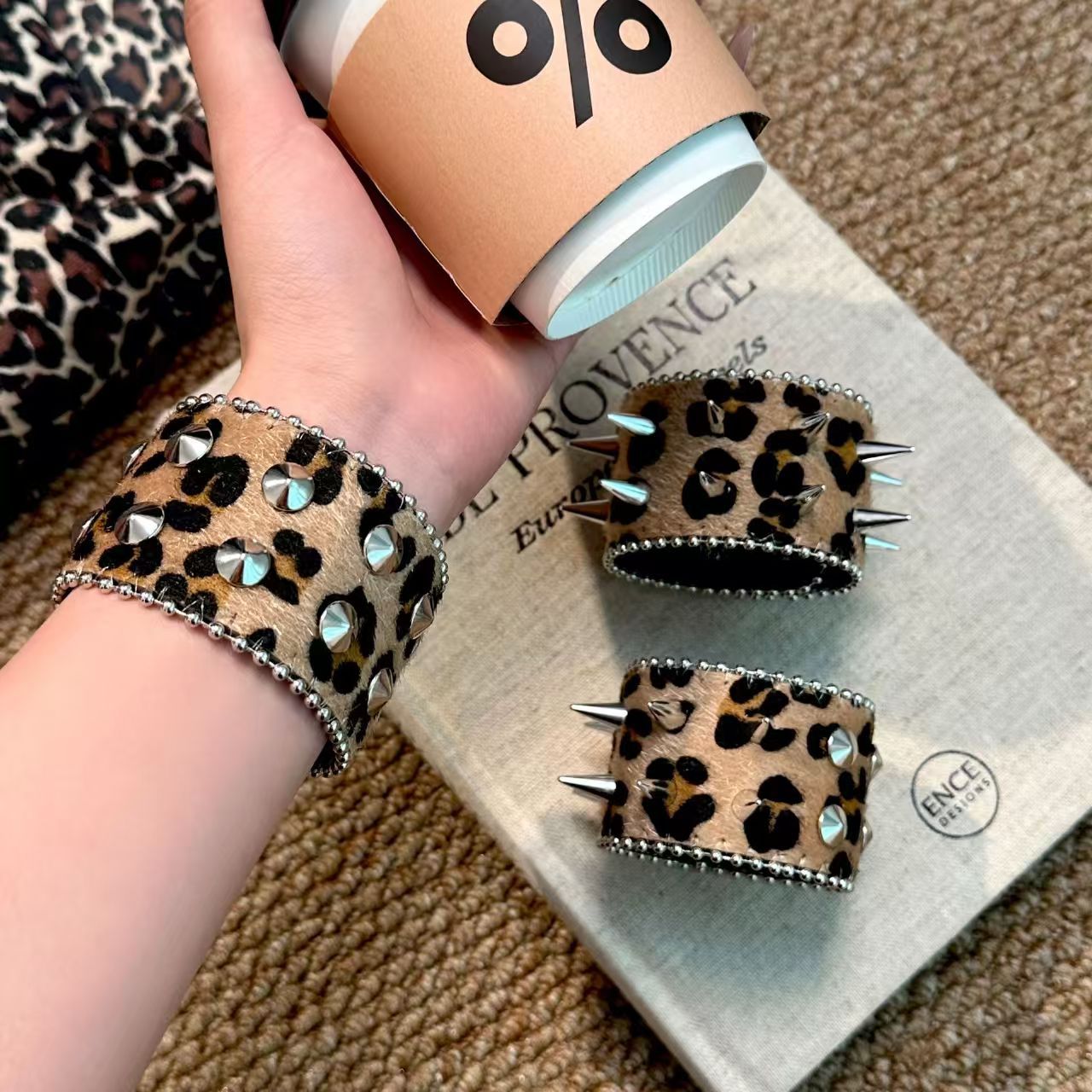 Leopard Print Wide Bracelet Unisex Punk Style PU Leather Wristband With Electroplated Finish