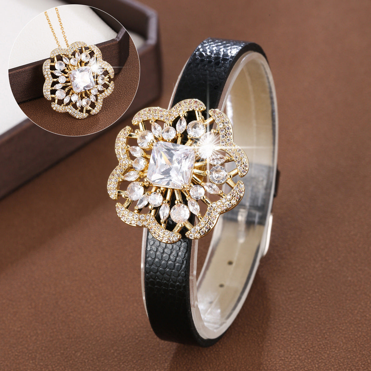 Flowers Copper Bracelet With Zircon Inlay Featuring Leather Rope Chain For Women, Perfect For Travel
