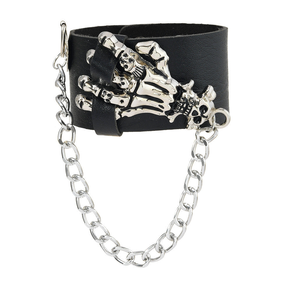 Men's Punk Skull Bracelet In Dyed Black PU Leather, Perfect For Business Occasions