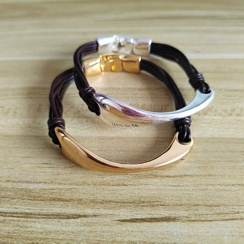 Geometric Copper Bracelets For Women With Electroplated Gold Plating Featuring Leather Rope Chain In Silver