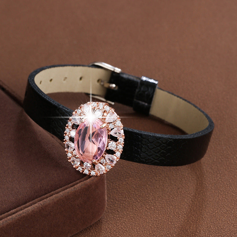 Sweet Geometric Rose Gold Bracelet For Women With Pu Leather And Zircon Inlay