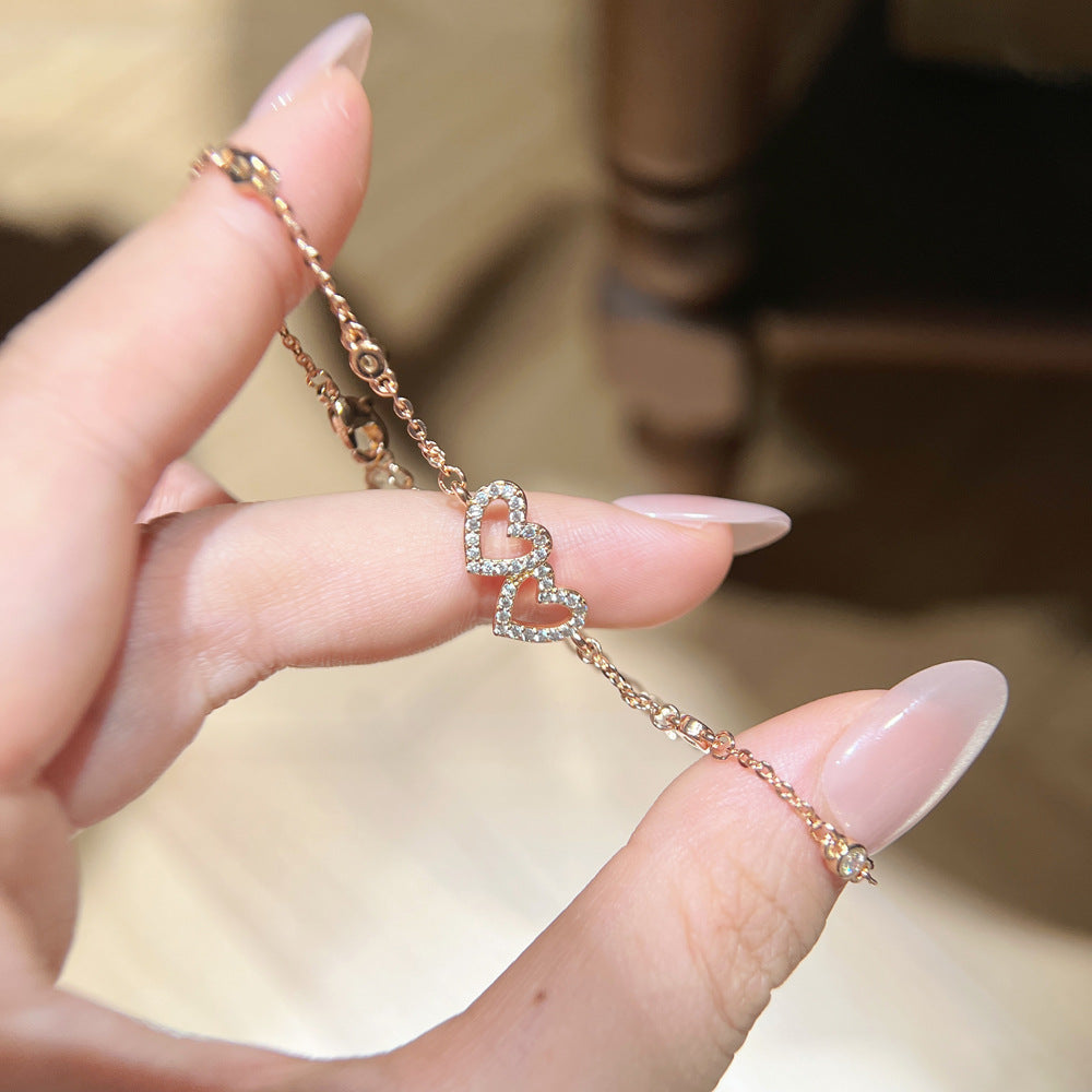 Double Heart Elaborate Copper Bracelet For Women With Electroplated Gold Plating And Zircon Inlay