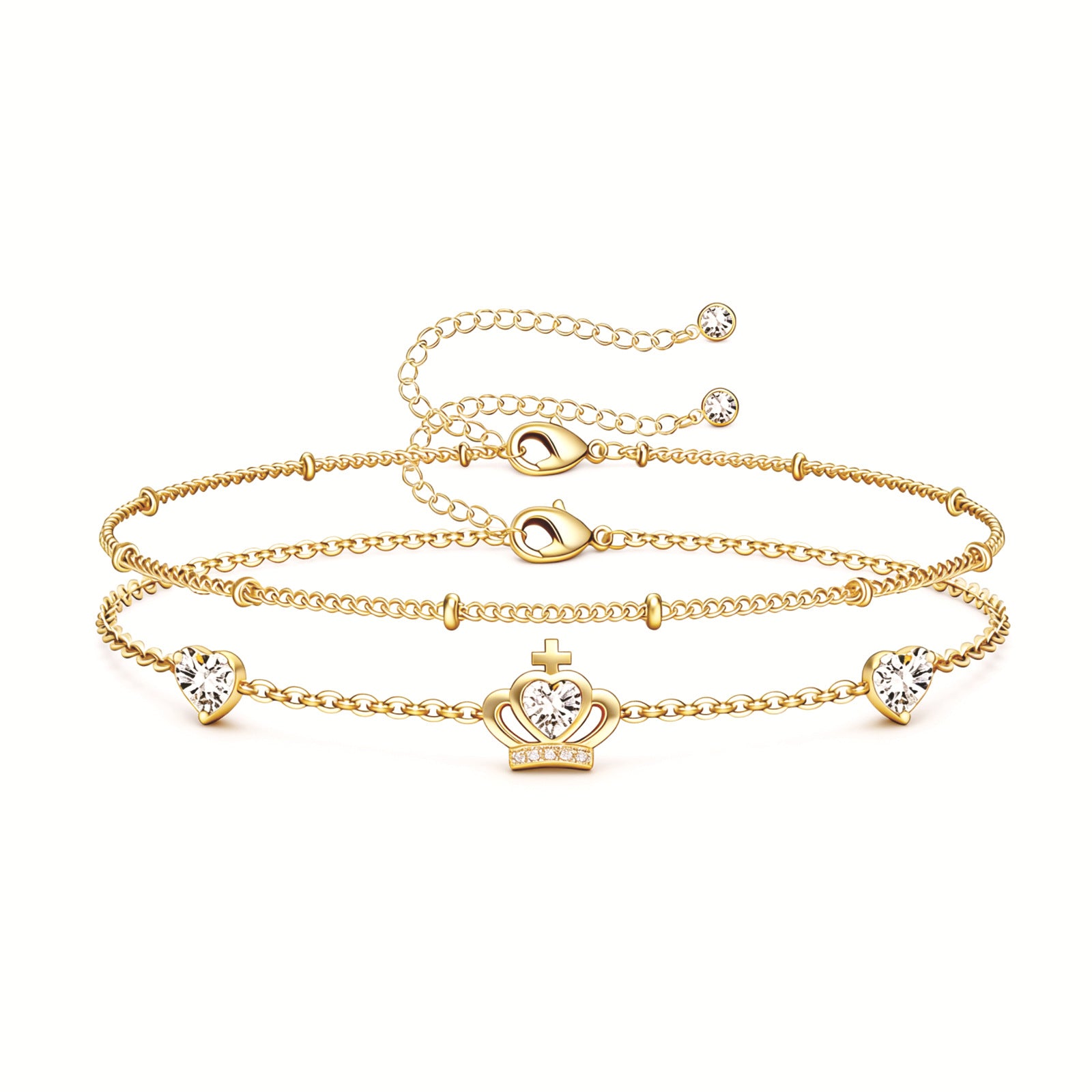 Crown Bracelet For Women In Copper With Electroplated Gold Plating And Rhinestone Inlay, Featuring Stretch Adjustable Clasp