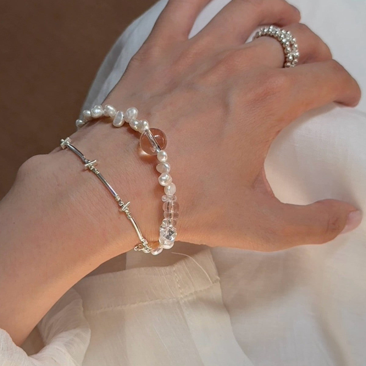 Heart Shape Beaded Bracelet With Freshwater Pearl And Crystal Pendant, Slider Chain Design For Women
