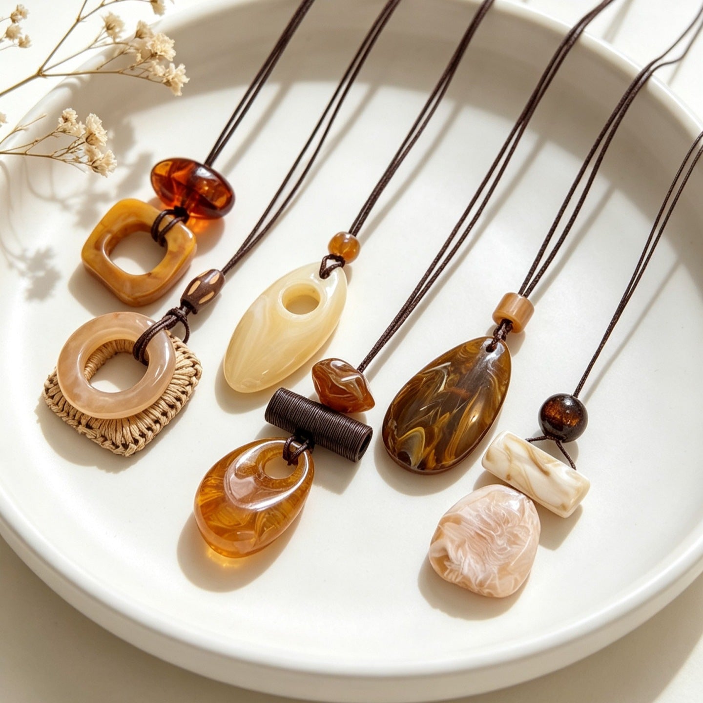 Geometric Beige Braid Long Necklace For Women With Mixed Materials And Woven Chain