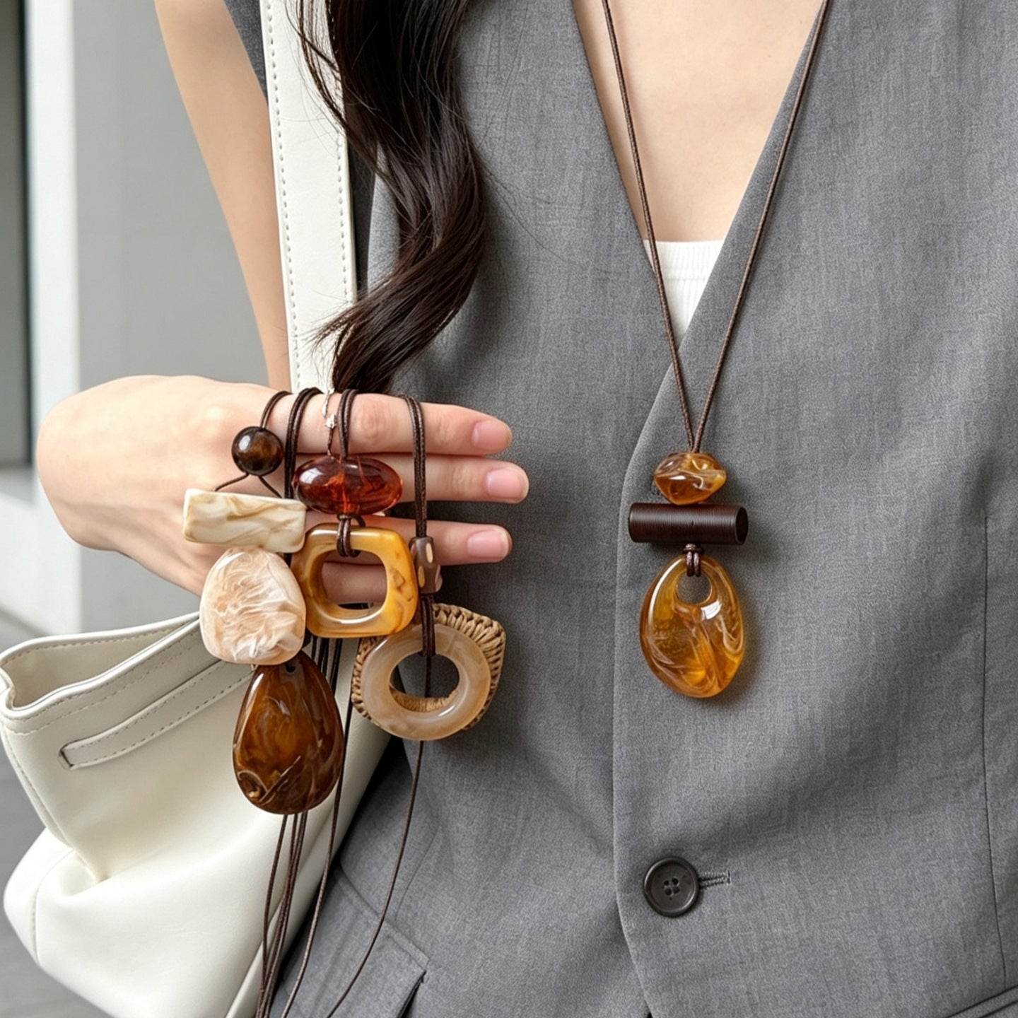 Geometric Beige Braid Long Necklace For Women With Mixed Materials And Woven Chain