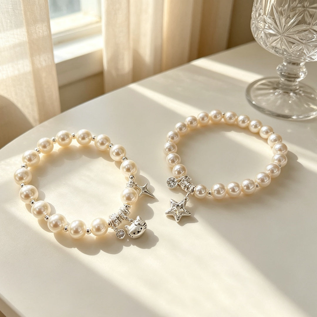 Cute Cat Beaded Copper Bracelet For Women With Elastic String Beaded Chain