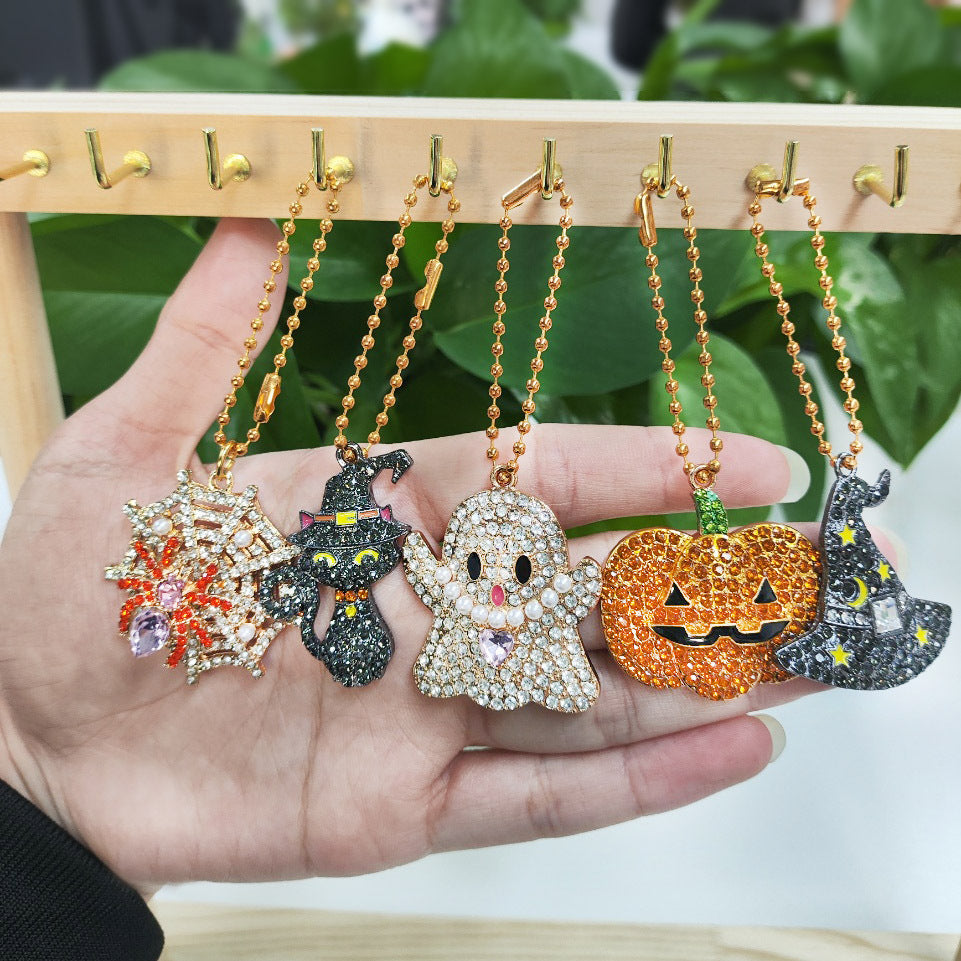 Halloween Cartoon Character Key Chain In Gold Metal With Beads Inlay, Perfect For Festive Accessories