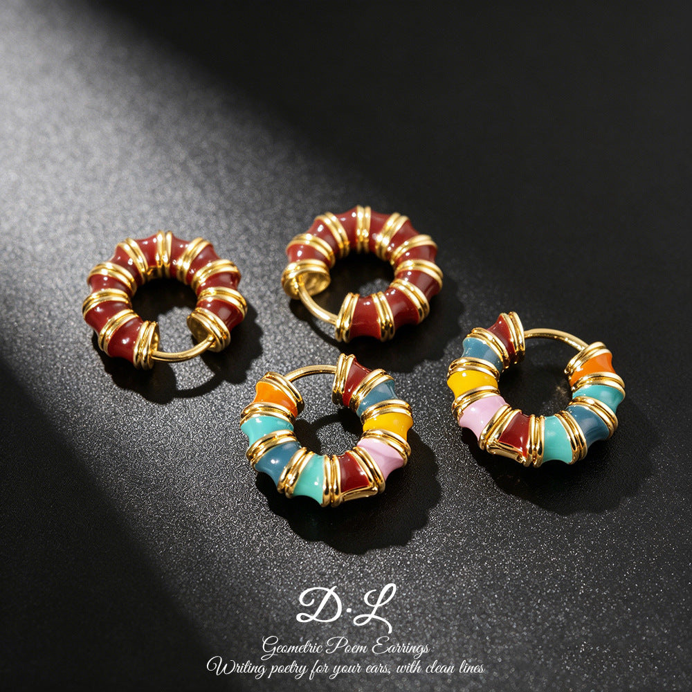 Elegant Circle Enamel Earrings For Women, Electroplated Copper With Gold Plating Process