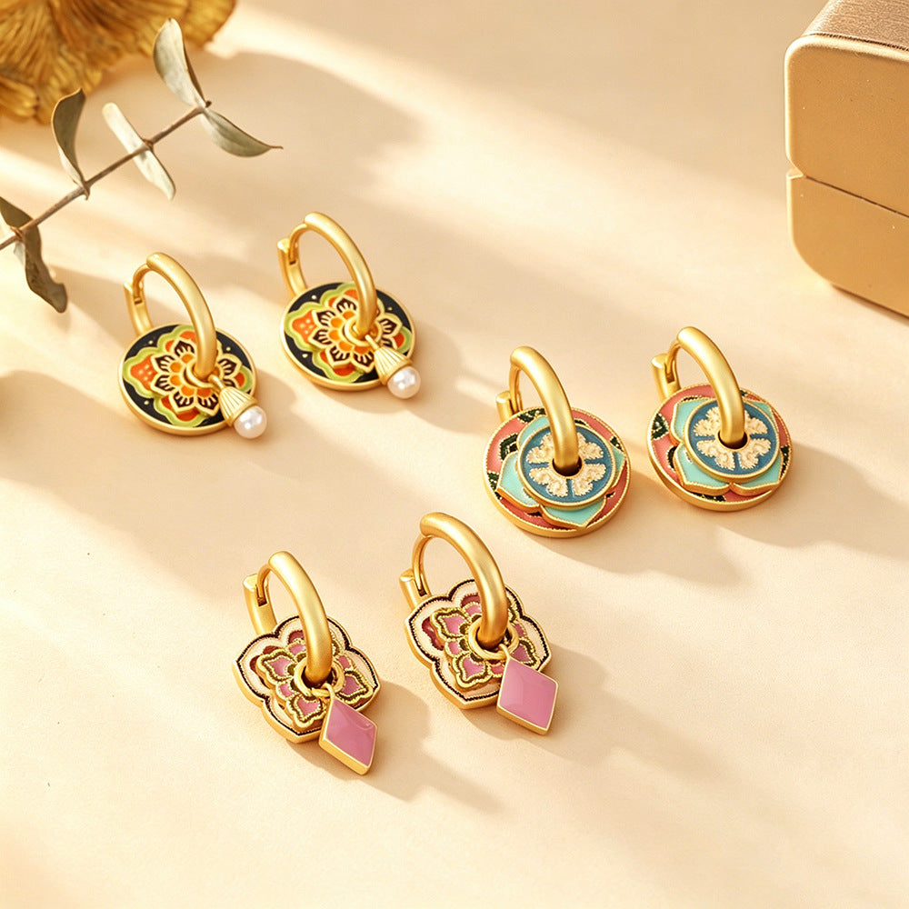 Multicolor Enamel Flowers Earrings For Women In Real Gold Plated Copper