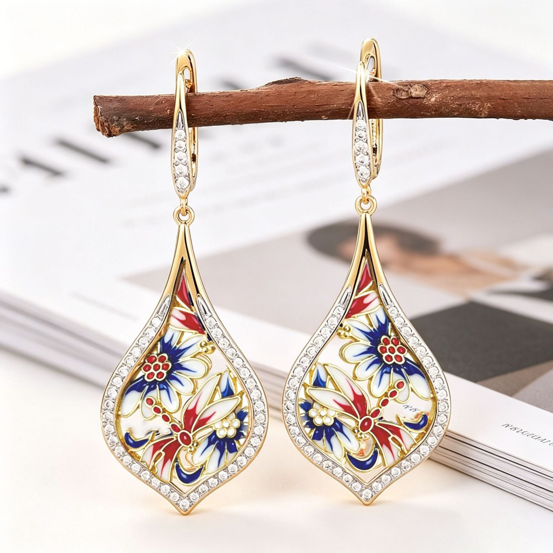 Enamel Flowers Earrings For Women With Copper Ear Pins And Zircon Inlay, Elegant Floral Design