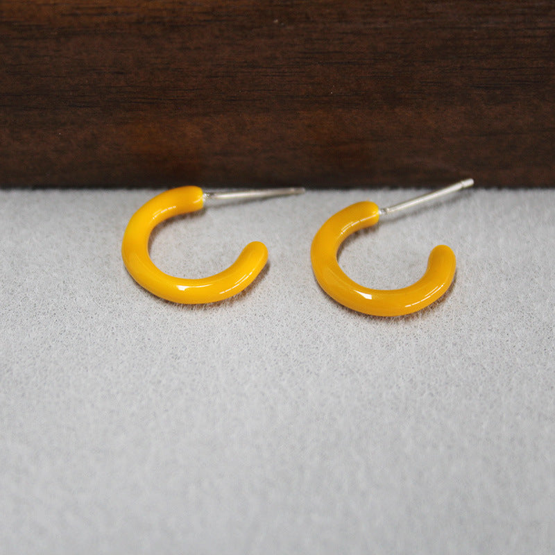 C Shape Enamel Earrings In Copper With Real Gold Plated, Featuring 925 Sterling Silver Studs, Retro Style For Women
