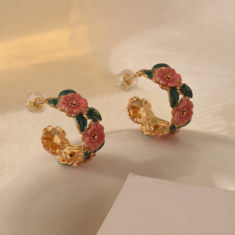 Flowers Earrings For Women Featuring Enamel Craft And Copper Material With 925 Sterling Silver Ear Pins In Colour