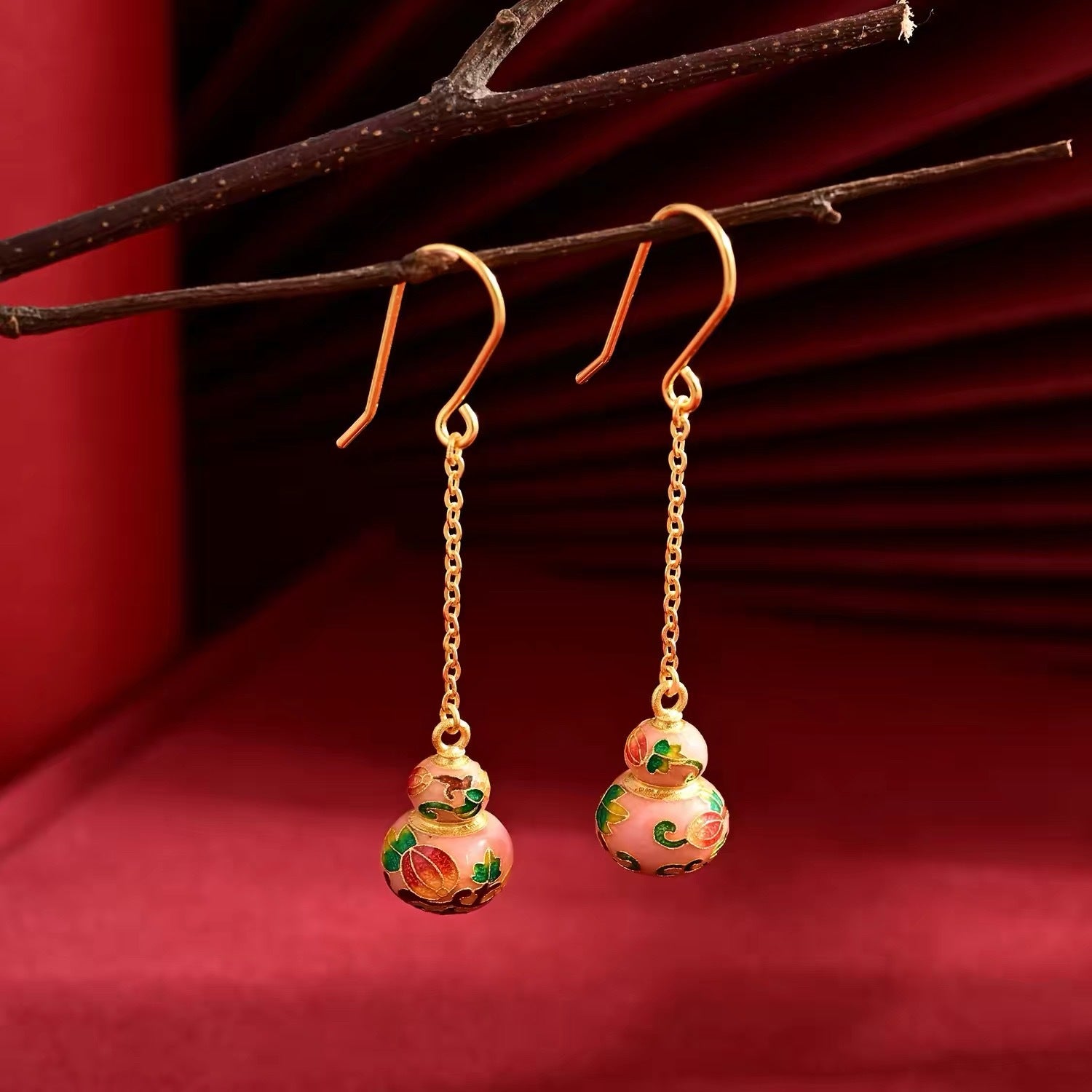 Gourd Drop Earrings For Women In Colour Enamel With 925 Sterling Silver Ear Pins And Copper Alloy Material, 1 Pair