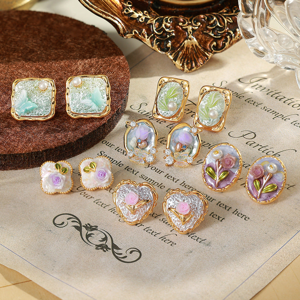 Flowers Enamel Stud Earrings In Copper With Freshwater Pearl Inlay, Featuring 925 Sterling Silver Posts, Retro Style For Women