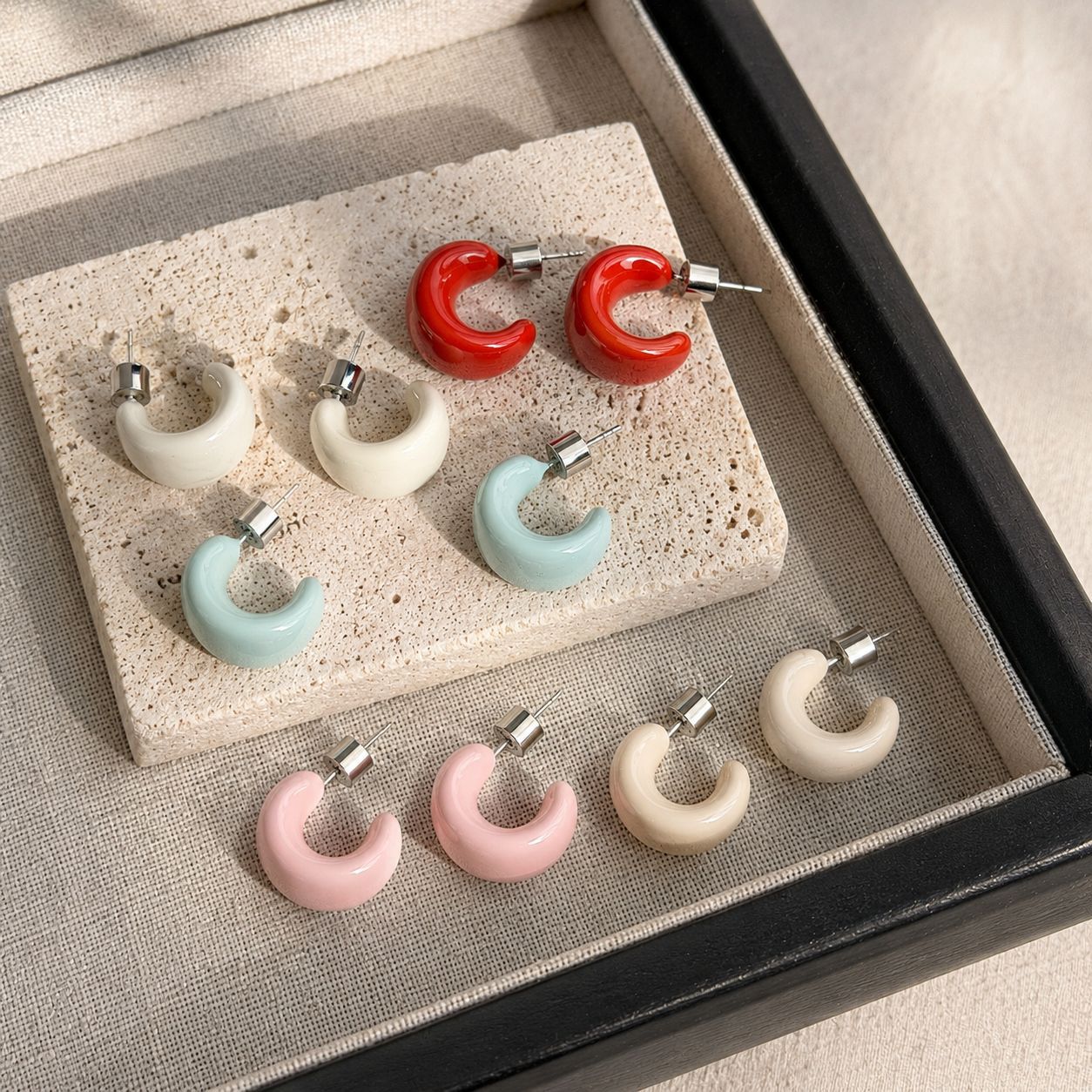 C Shape Enamel Stud Earrings In Copper With 925 Sterling Silver Posts, New Style For Women