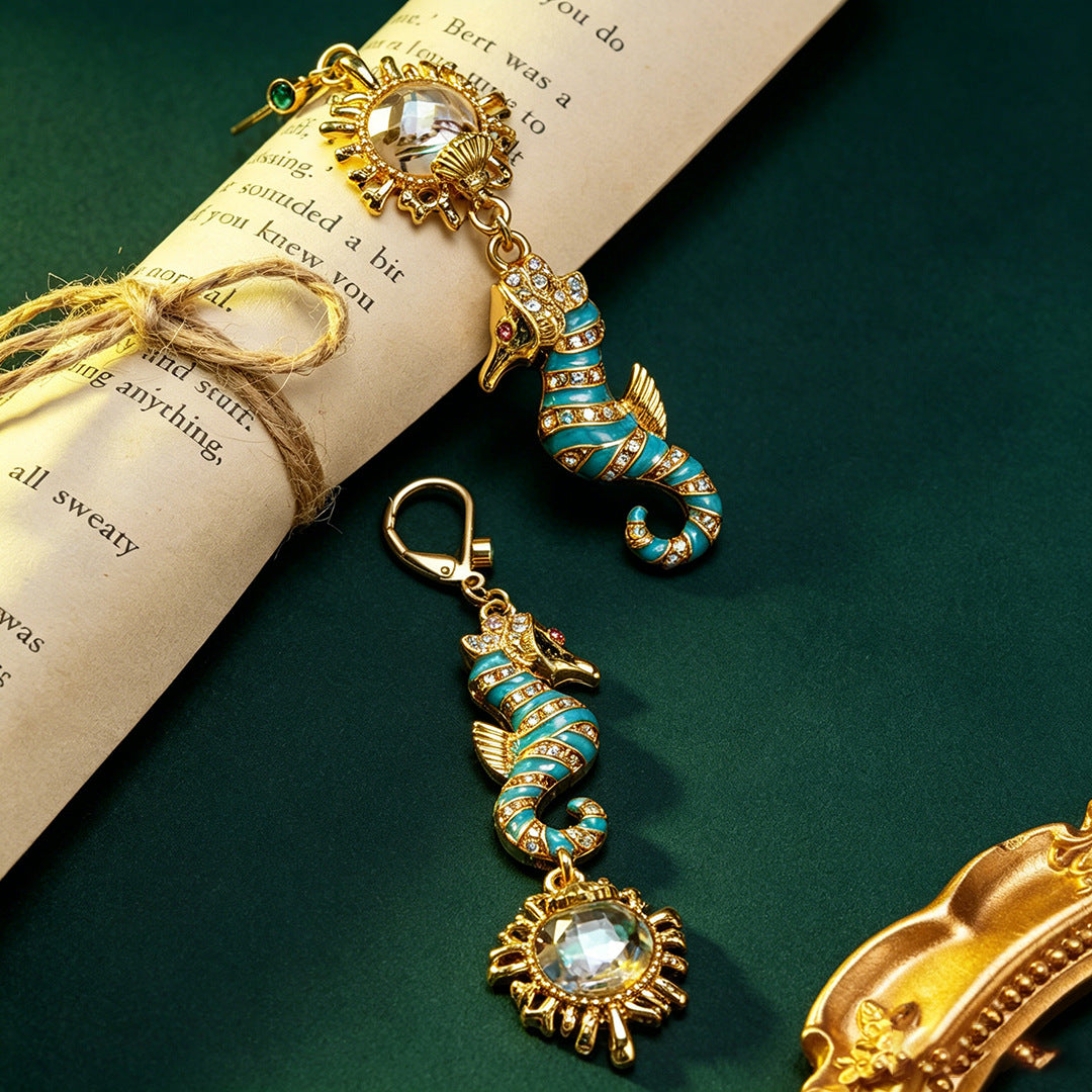 Hippocampus Enamel Drop Earrings For Women In Retro Style With Multicolor Rhinestones And Zinc Alloy