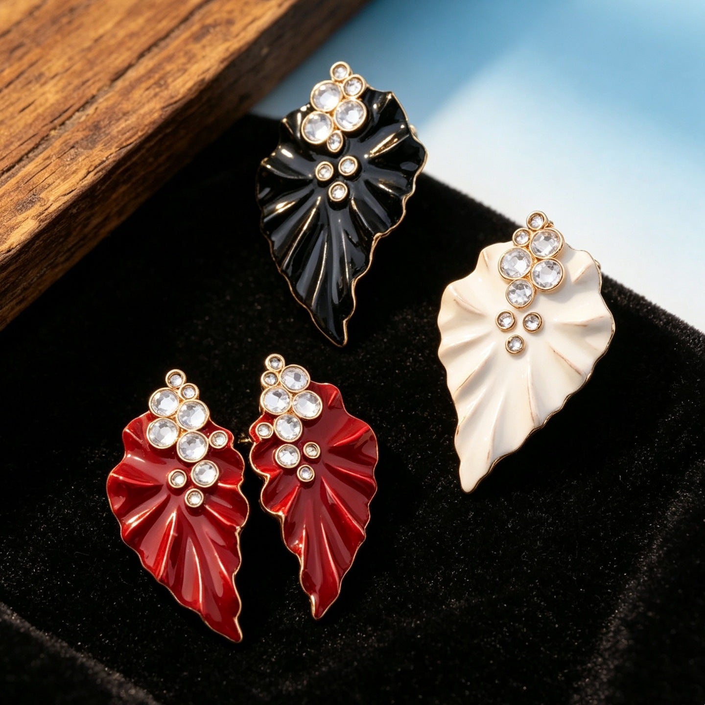 Exaggerated Leaves Drop Earrings For Women In White Enamel With Rhinestone Inlay