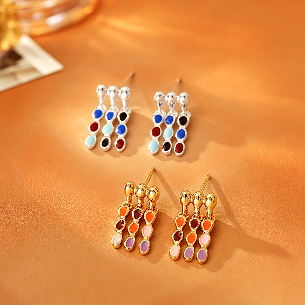 Elegant Tassel Stud Earrings With Enamel Craft, Copper Base, Real Gold Plated And 925 Sterling Silver Posts For Women