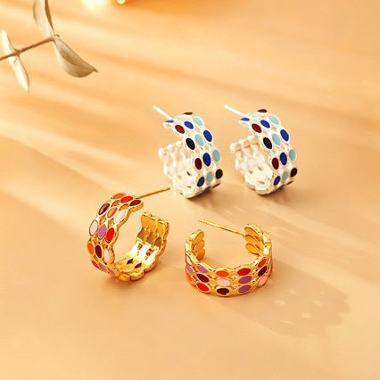 Color Block Enamel Stud Earrings In Copper With 925 Sterling Silver Posts, Retro Style For Women