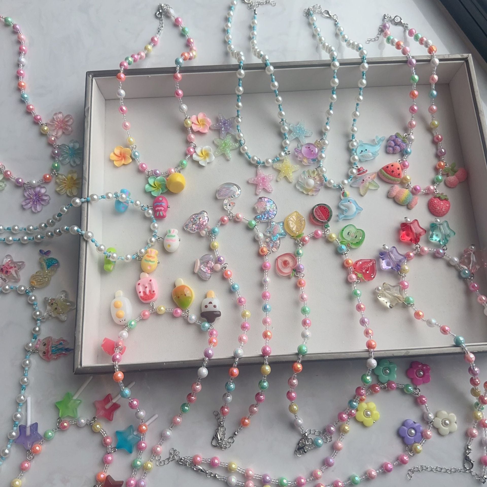 Cute Cartoon Acrylic Beaded Choker Necklace For Women With Ball Chain