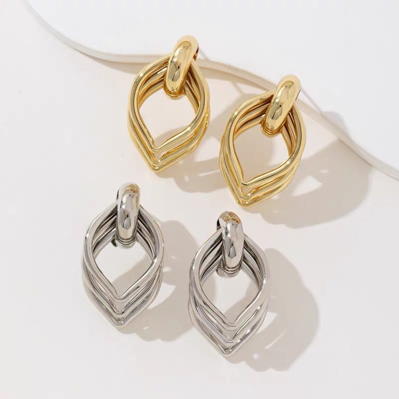 Exaggerated Geometric Gold Earrings With Electroplated Finish And 304 Stainless Steel Posts, Unisex Design