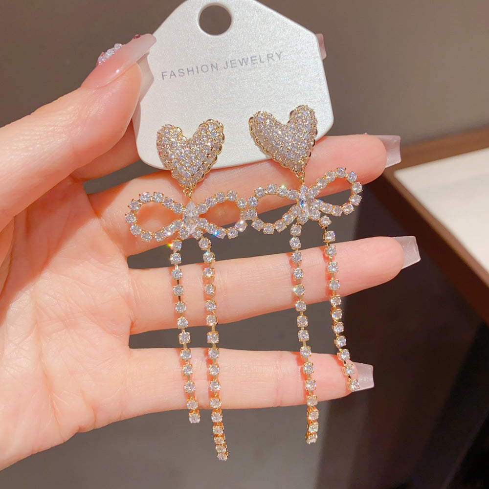 Heart Shape Tassel Drop Earrings For Women With Copper Ear Pins And Real Gold Plated Finish Featuring Zircon Inlay