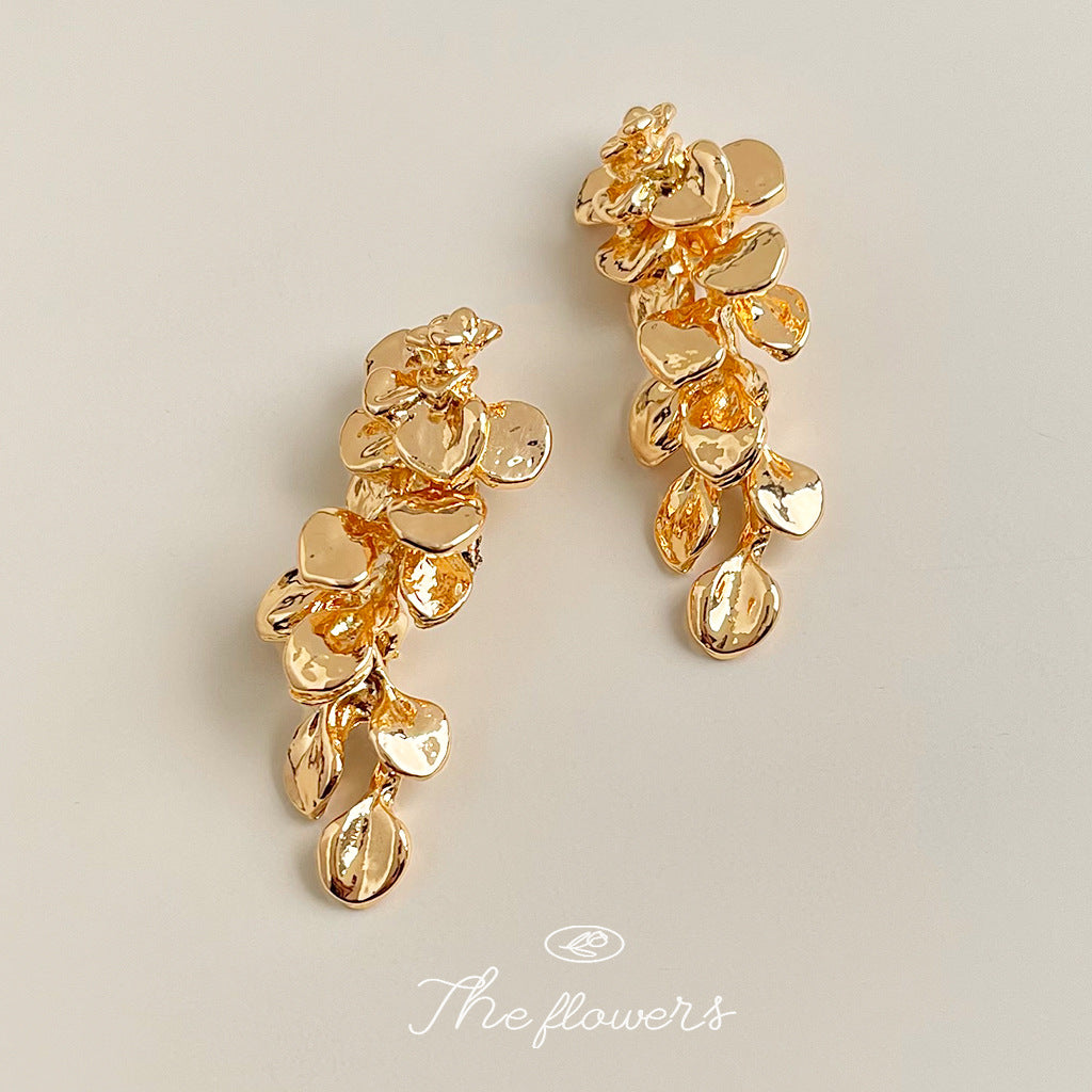 Exaggerated Gold Flowers Tassel Earrings For Women With Copper Ear Pins, Metal Craft