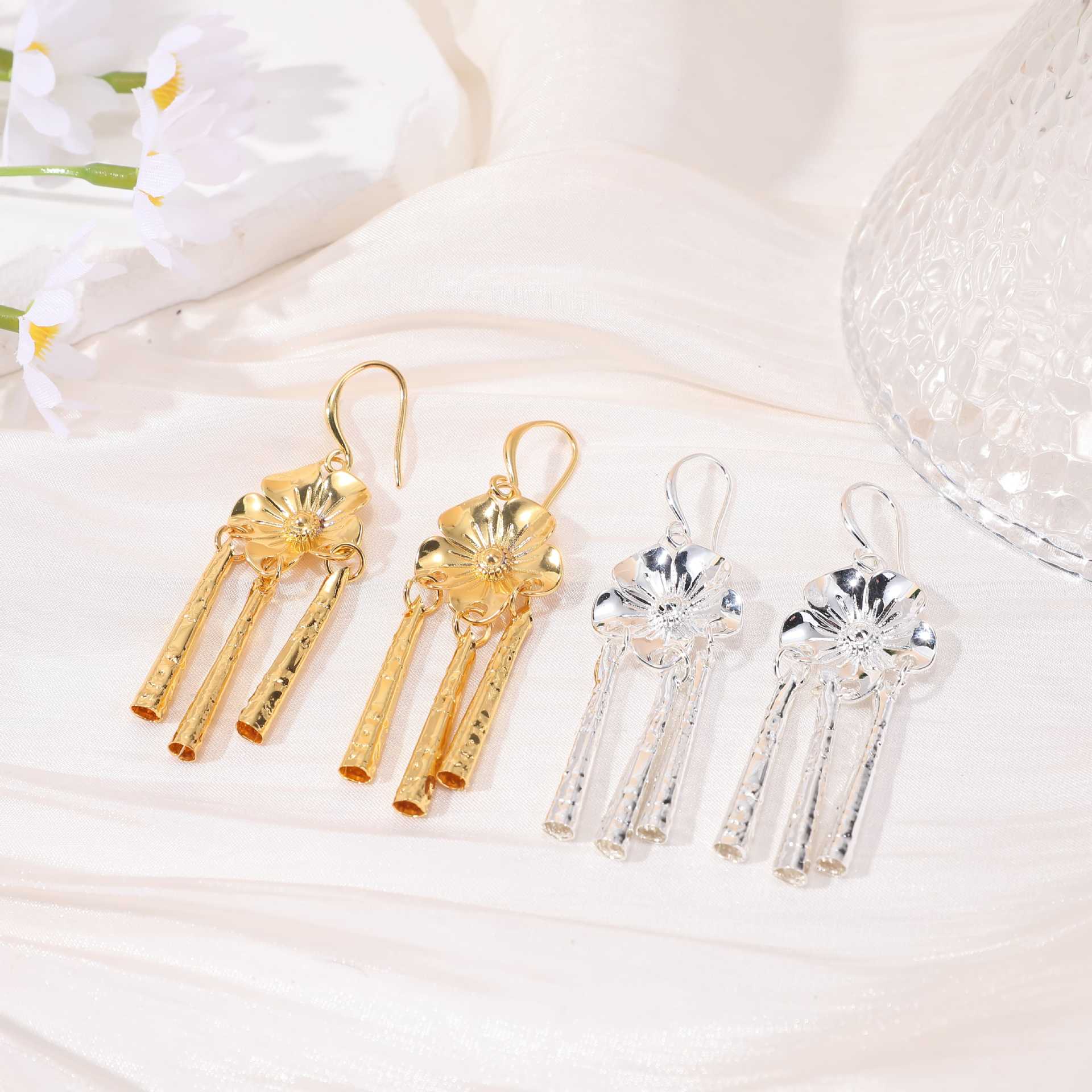 Gold Tassel Flowers Ear Hook Earrings For Women Featuring Copper Ear Pins