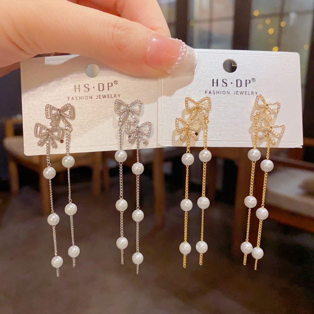 Bow Tie Tassel Earrings For Women With Copper Ear Pins, Real Gold Plated And Zircon Inlay