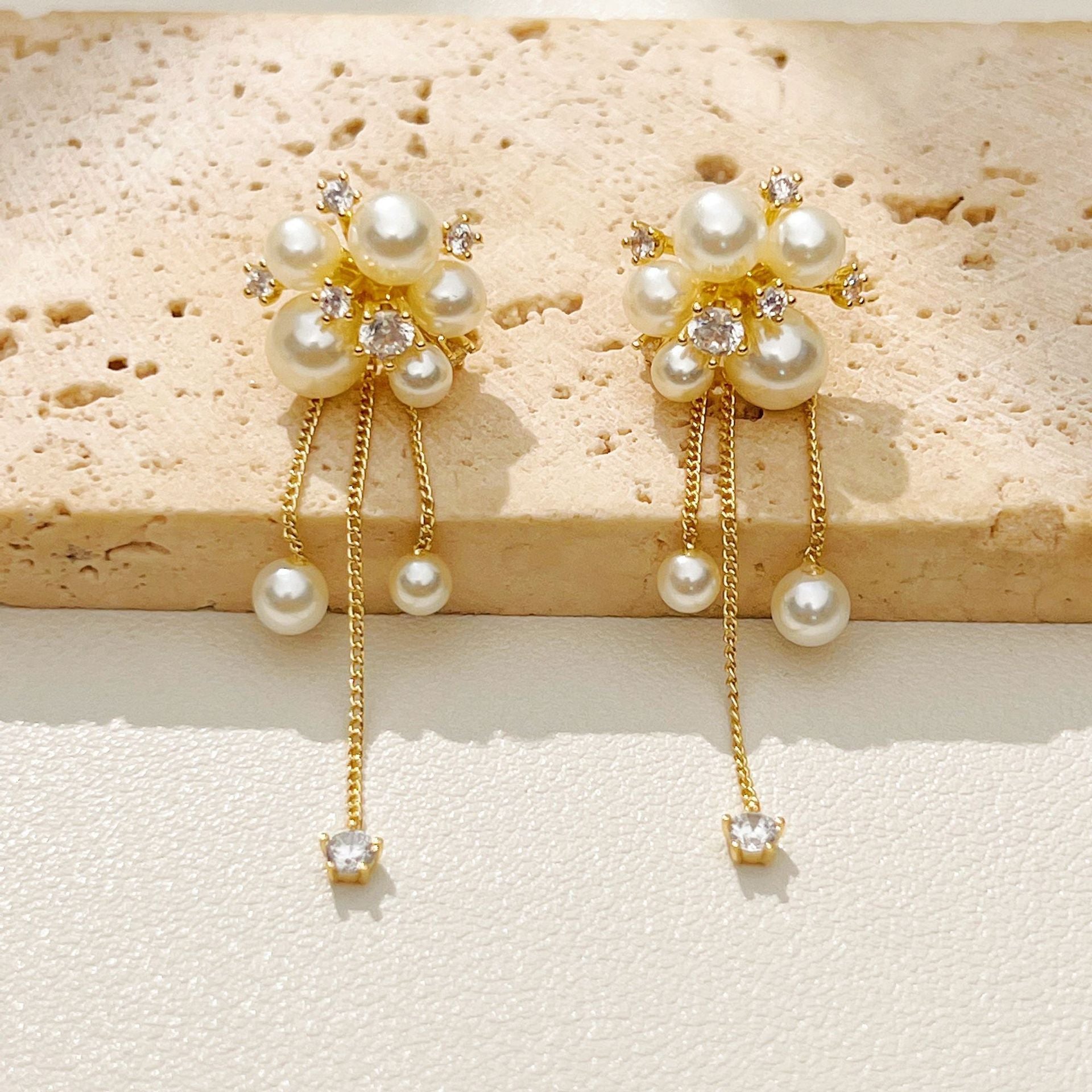 Gold Tassel Earrings For Women With Imitation Pearl Drop Design
