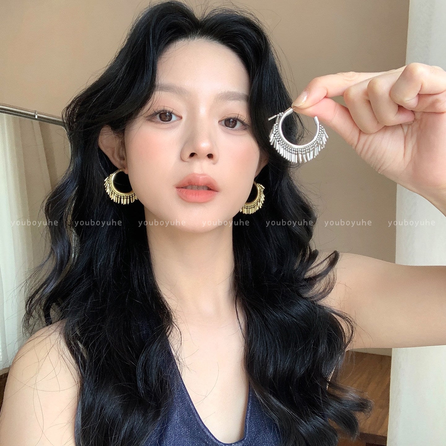 Ethnic Style Gold Tassel Earrings For Women With Copper Studs, Metal Craft