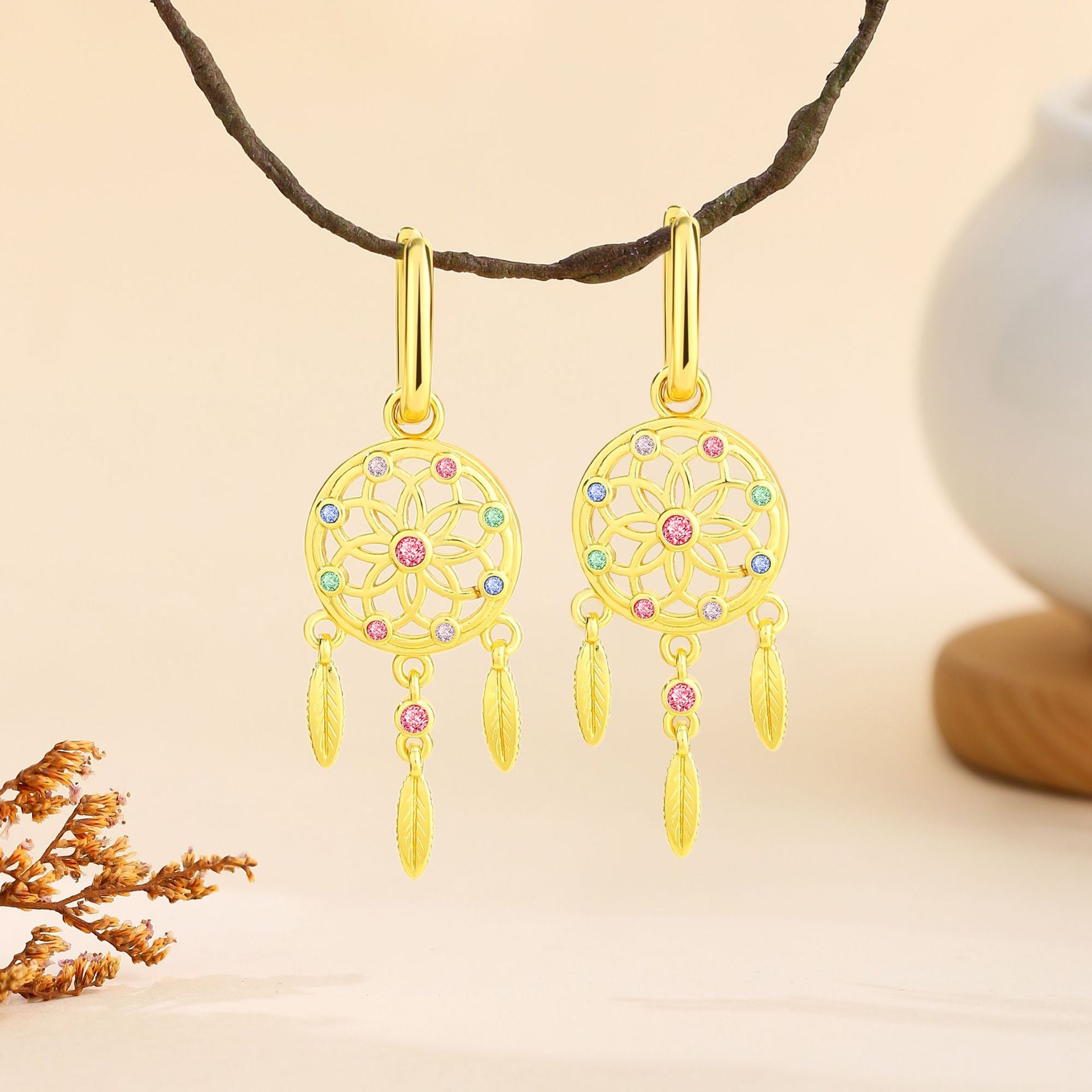 Dreamcatcher Earrings For Women Featuring Gold Tassel Design With Rhinestones And Copper Ear Pins