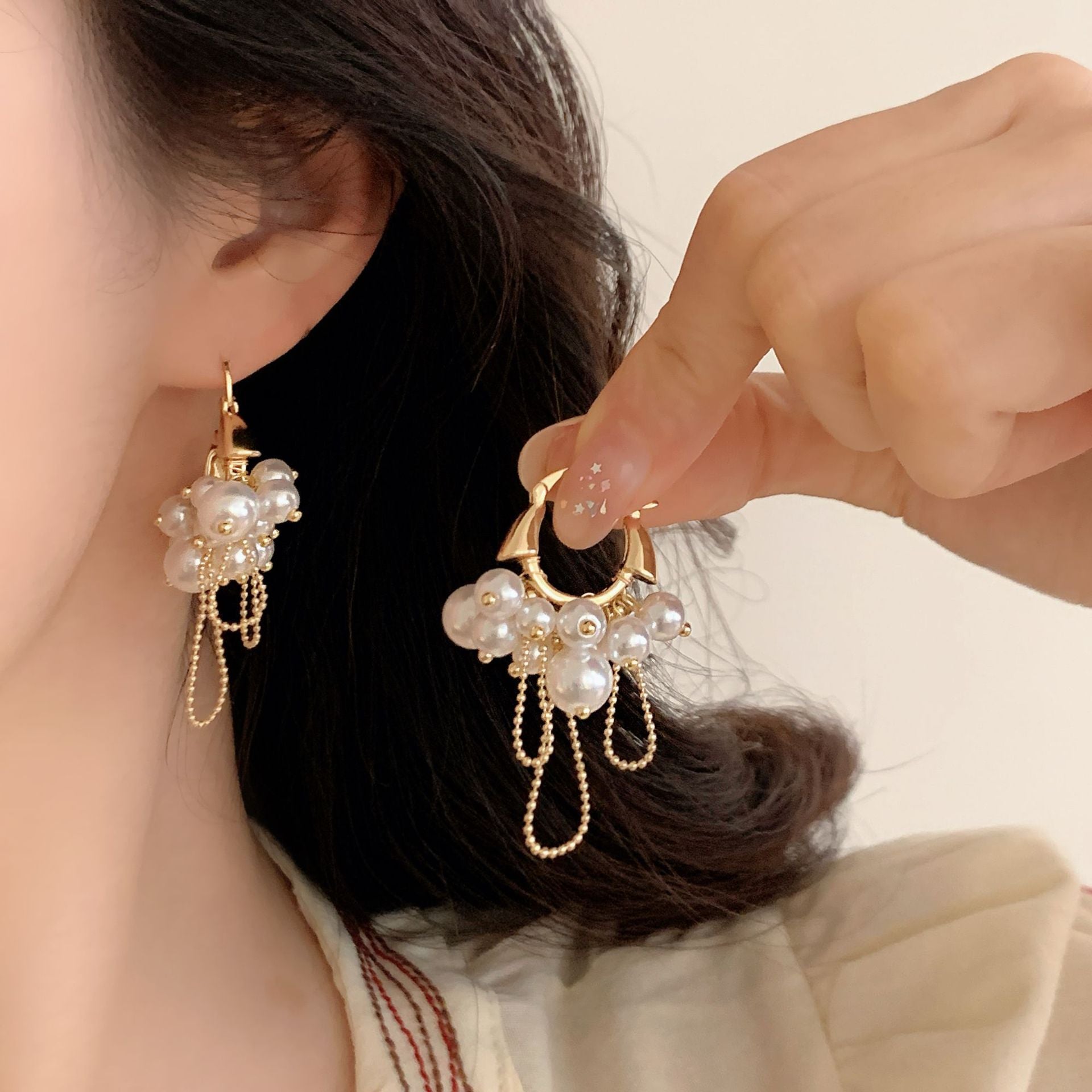 Sweet Geometric Tassel Earrings For Women, Copper With 18K Real Gold Plated And Artificial Pearl Inlay