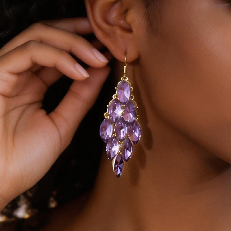 Leaves Tassel Earrings For Women In Silver Alloy With Rhinestones, Featuring 304 Stainless Steel Ear Pins