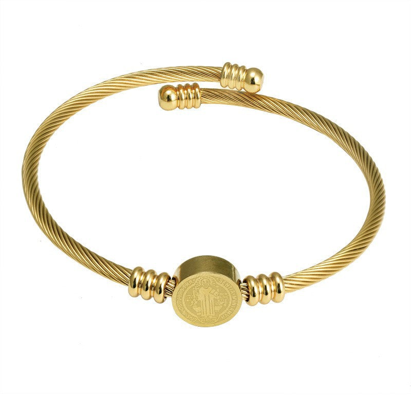 Geometric Titanium Steel Bangle With Electroplated Gold Plating, Stretch Adjustable In Steel Color