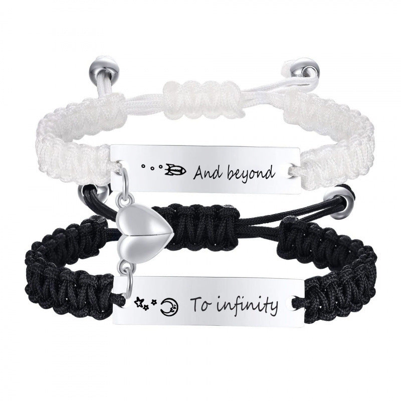 Heart Shape Braid ID Bracelet In Black & White, Simple Style Unisex Stainless Steel Rope Chain