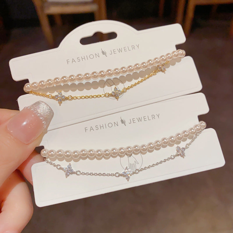 Real Gold Plated Copper Pearl Beading Bracelet For Women With Rhinestones Inlay